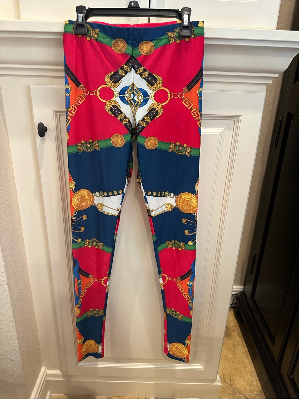 Versace Barocco Rodeo inspired Chain & Medallion Print Leggings Red, Blue, Gold